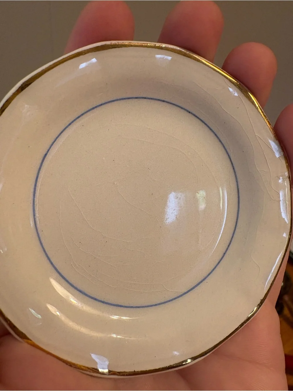 Butter Pat With Crazing Blue Line with Gold Rim